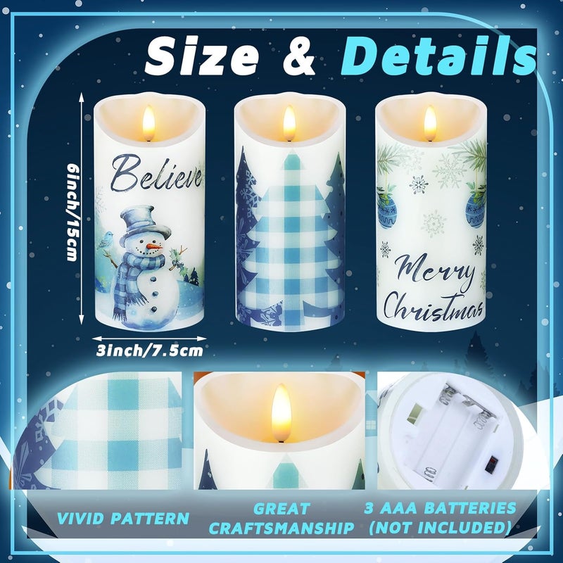 ROCEEI Store 3 Pcs Christmas Snowflake Style Candles Battery Operated LED Candles Winter Christmas Snowflake Style Pillar Flickering Real Wax Decorations for Indoor Table Decor Xmas Gifts Holiday Party - Image 2